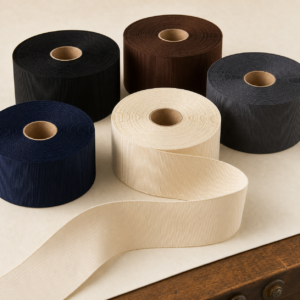 Assortment of wide 50 mm rayon/cotton grosgrain hat ribbon rolls in core colors